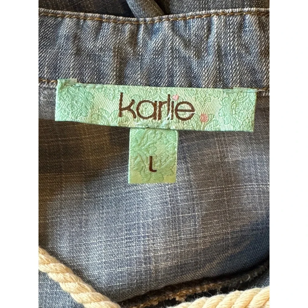 Karlie‎ Shirt Women Large Blue Chambray Tencel Lace Up Roll Tab Sleeve Tunic Top